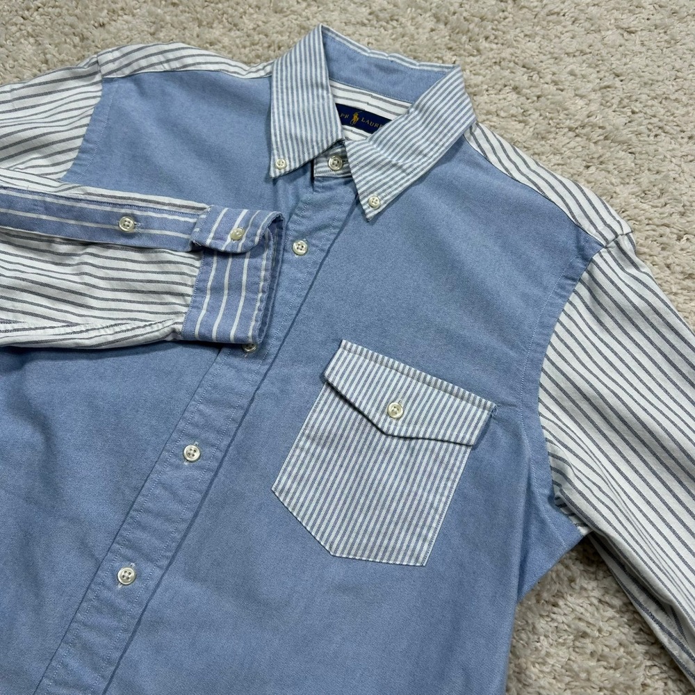 Ralph Lauren Button Down Shirt Medium Blue Striped Colorblock Long Sleeve New